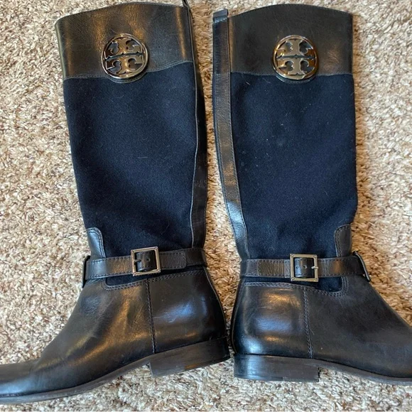 Tory Burch Riding Boots Wool Leather Black Navy Womens Size 6 - Picture 2 of 8